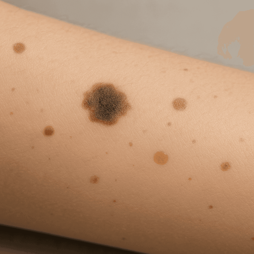 Zbliżenie na skórę z różnymi znamionami w neutralnym oświetleniu – ujęcie poglądowe.